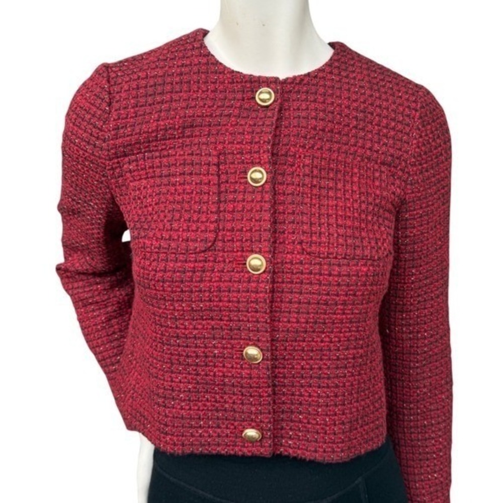 RW&CO Cropped Blazer Womens Sz 2 Red Tweed Gold Button Front Old Money Luxury